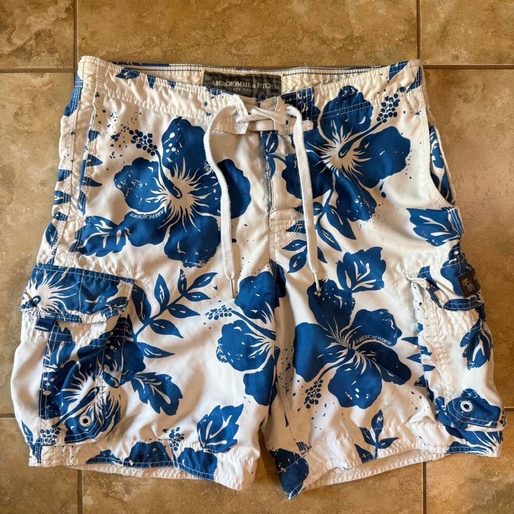 Vintage 2000s Abercrombie & Fitch Hibiscus Floral Cargo Board Shorts Swim Trunks